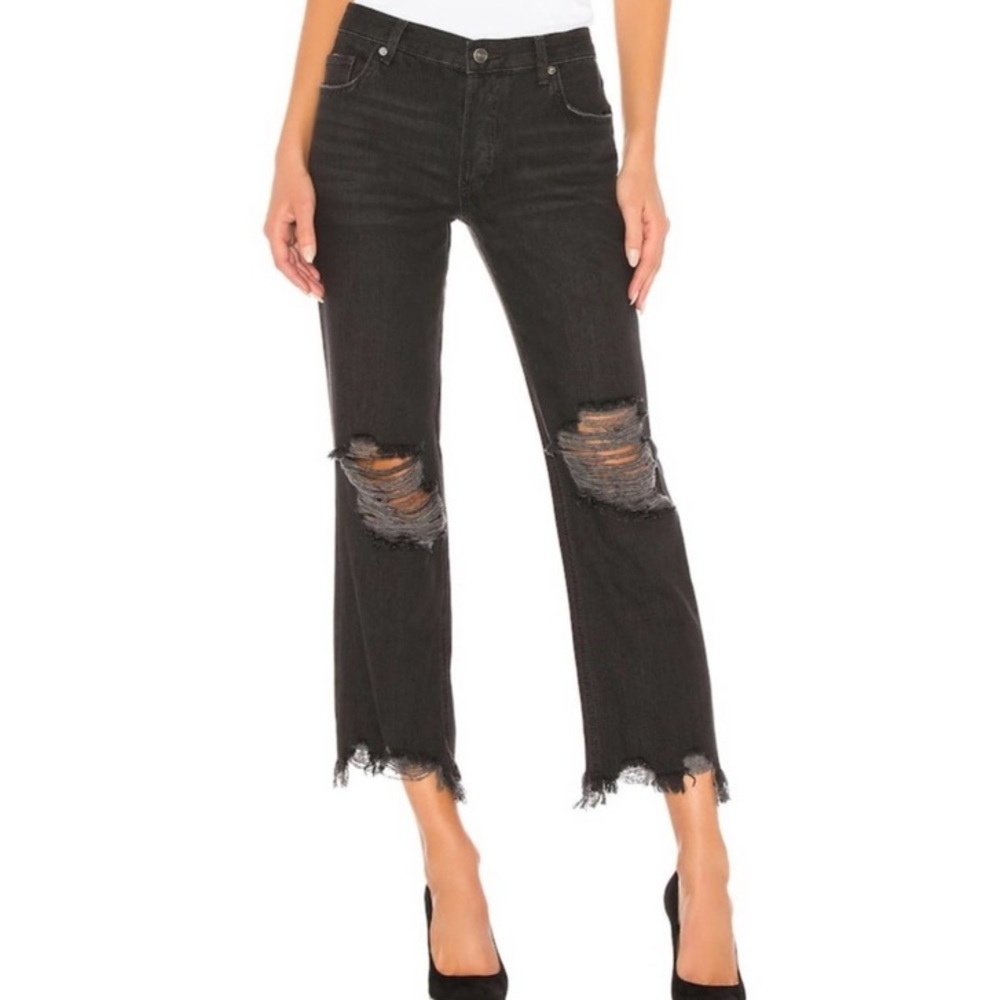 Free People Maggie Mid Rise Straight Leg Black Distressed Jeans